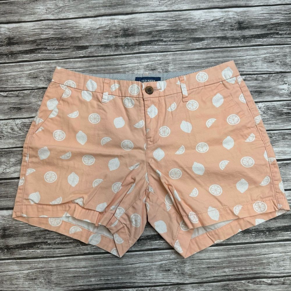 Old Navy Lemon Print Chino Shorts Mid Rise Peach Coral Women’s Size 4